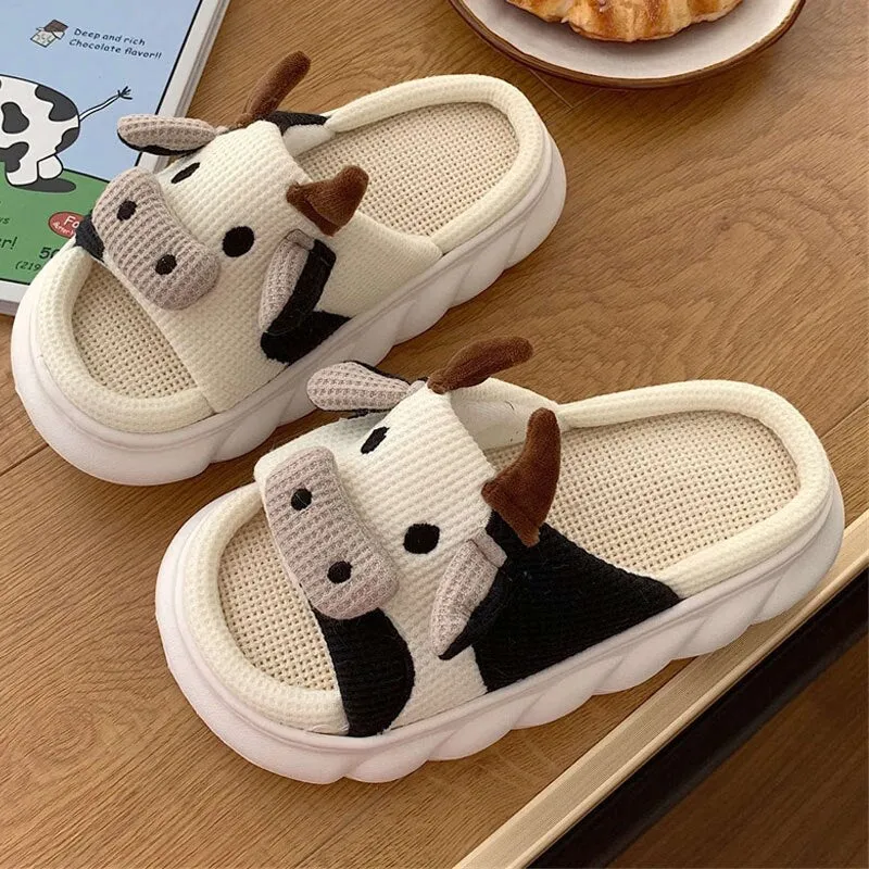 Linen Cows Women's Slippers Four Seasons Indoor Home Sandals Slippers for Women Cute Cartoon Milk Cow House Slippers Funny Shoes