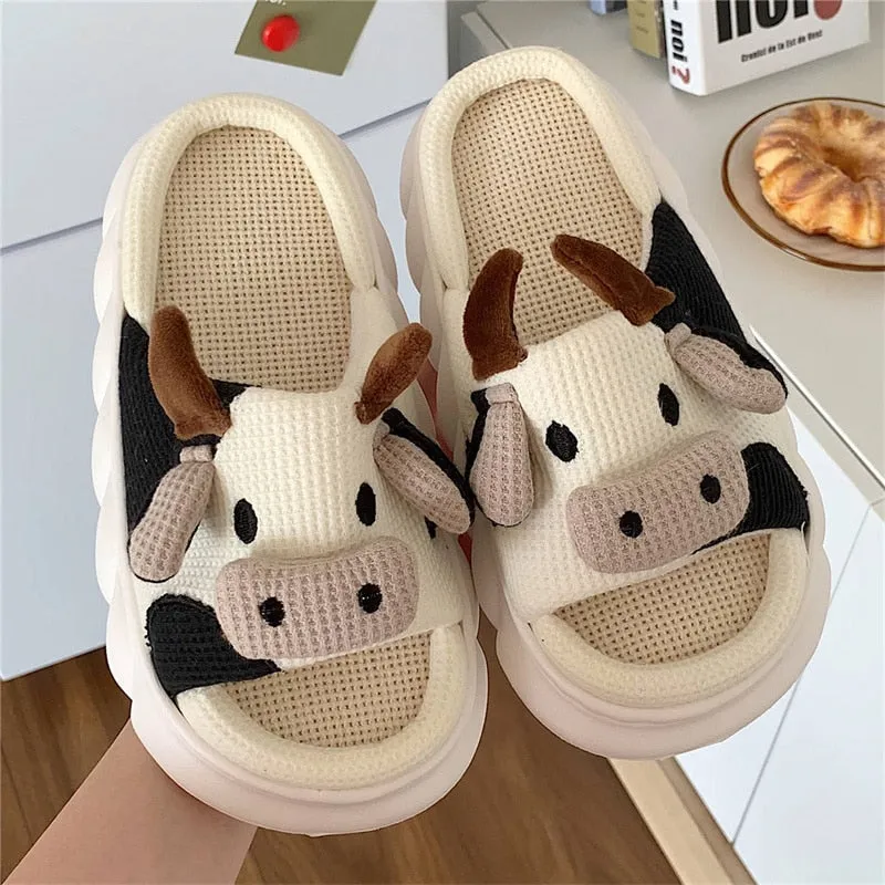 Linen Cows Women's Slippers Four Seasons Indoor Home Sandals Slippers for Women Cute Cartoon Milk Cow House Slippers Funny Shoes