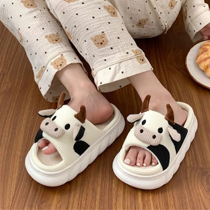 Linen Cows Women's Slippers Four Seasons Indoor Home Sandals Slippers for Women Cute Cartoon Milk Cow House Slippers Funny Shoes