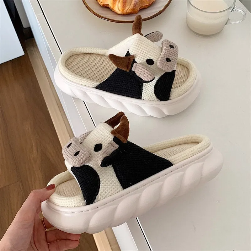 Linen Cows Women's Slippers Four Seasons Indoor Home Sandals Slippers for Women Cute Cartoon Milk Cow House Slippers Funny Shoes