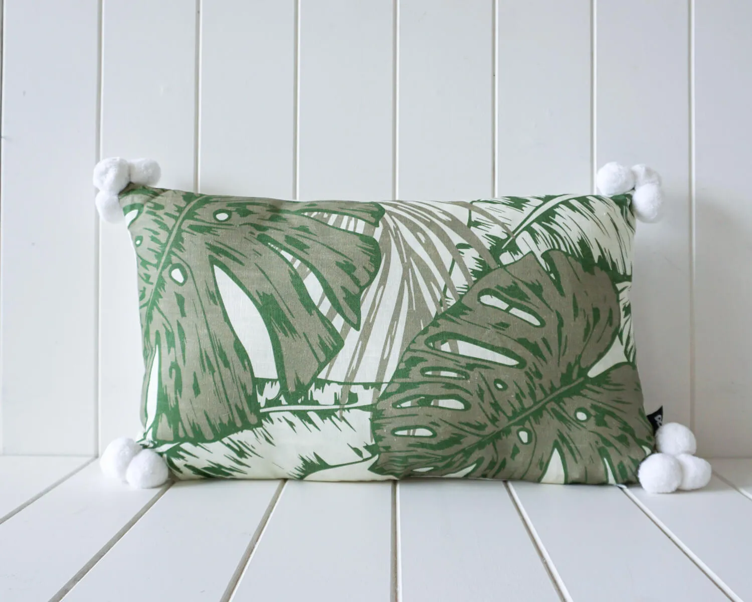 Linen Pom Pom Cushion - Monstera Sage - 50x30cm