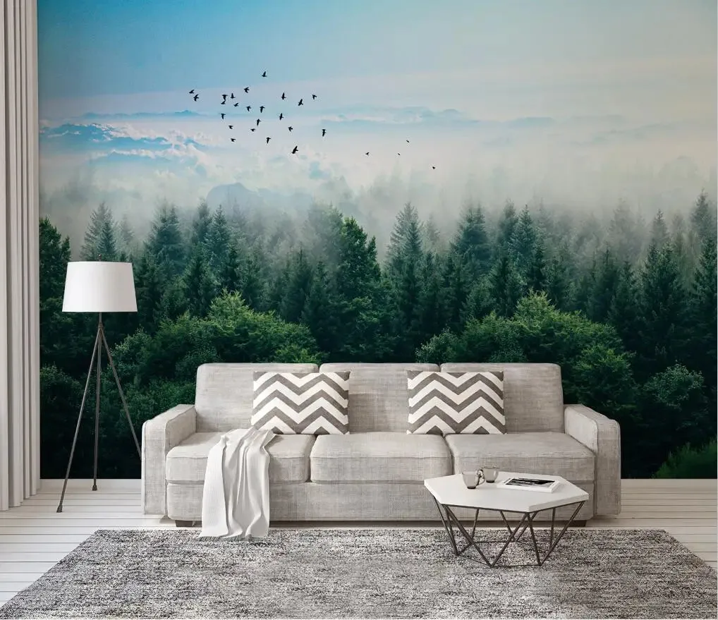 Misty Forest Landscape Wall Mural Big Format Printed Nordic Wallcovering Wallpaper For Modern Living Room Creative Home Office Wall Decor