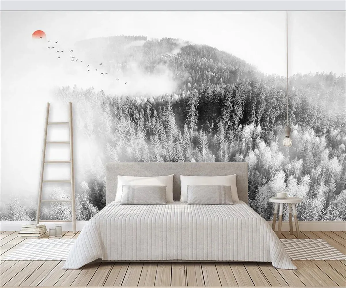 Misty Forest Landscape Wall Mural Big Format Printed Nordic Wallcovering Wallpaper For Modern Living Room Creative Home Office Wall Decor