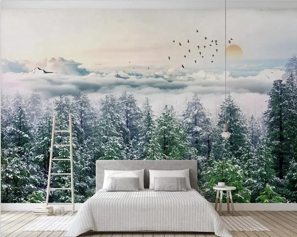 Misty Forest Landscape Wall Mural Big Format Printed Nordic Wallcovering Wallpaper For Modern Living Room Creative Home Office Wall Decor