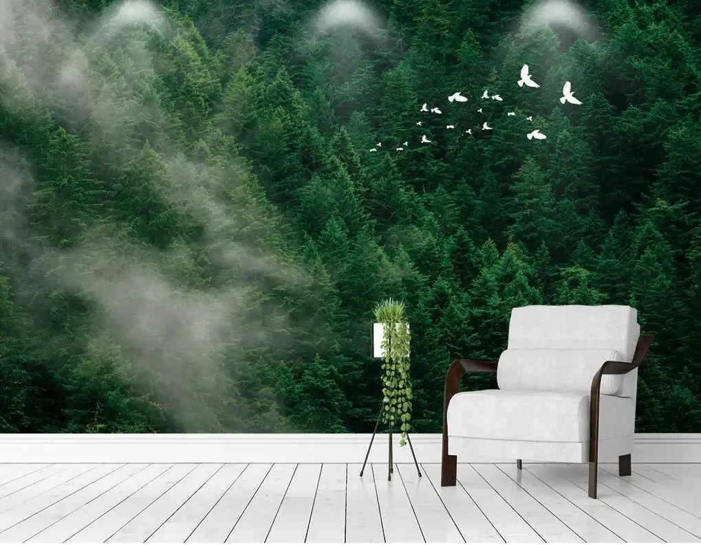 Misty Forest Landscape Wall Mural Big Format Printed Nordic Wallcovering Wallpaper For Modern Living Room Creative Home Office Wall Decor