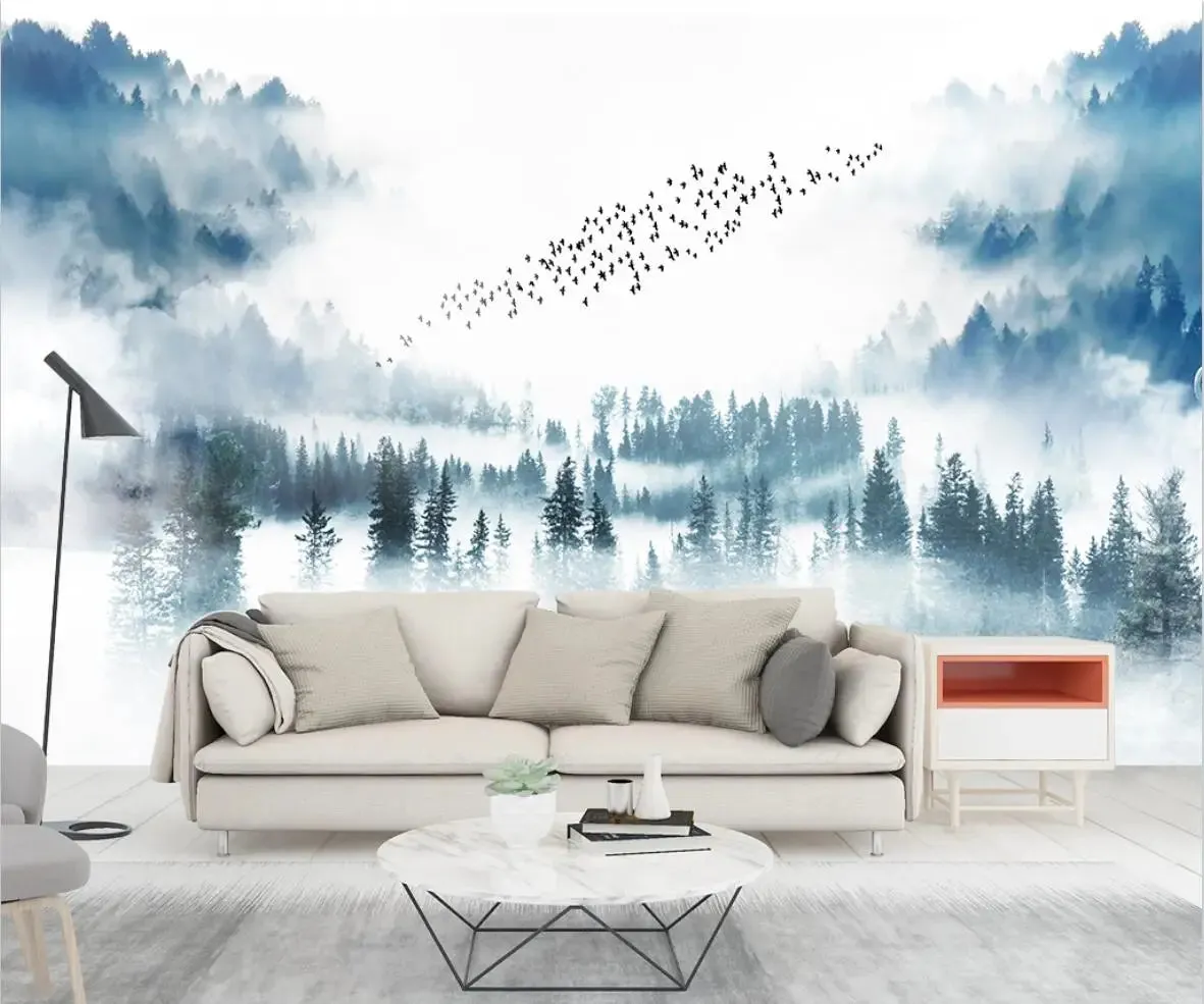 Misty Forest Landscape Wall Mural Big Format Printed Nordic Wallcovering Wallpaper For Modern Living Room Creative Home Office Wall Decor