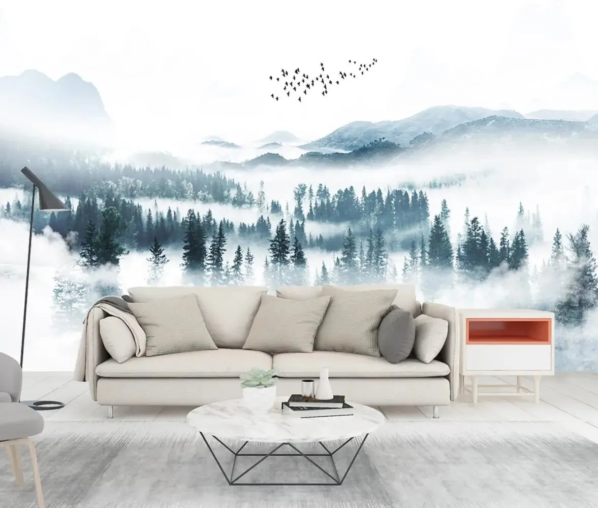 Misty Forest Landscape Wall Mural Big Format Printed Nordic Wallcovering Wallpaper For Modern Living Room Creative Home Office Wall Decor