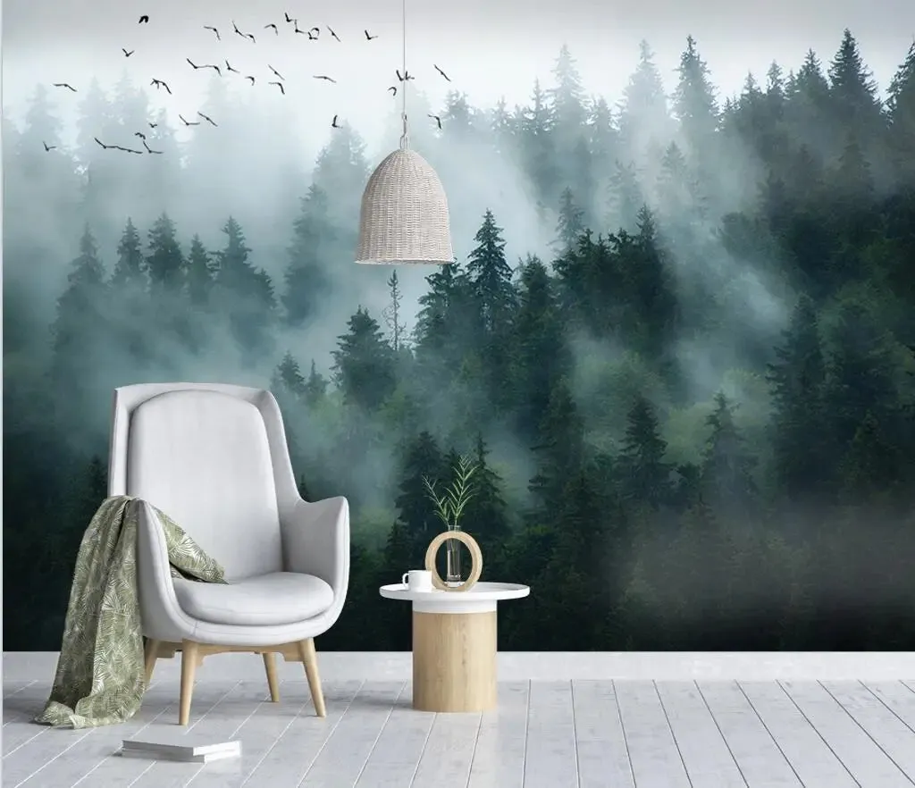 Misty Forest Landscape Wall Mural Big Format Printed Nordic Wallcovering Wallpaper For Modern Living Room Creative Home Office Wall Decor