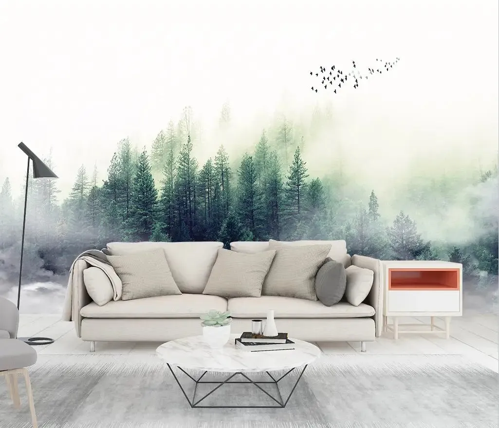 Misty Forest Landscape Wall Mural Big Format Printed Nordic Wallcovering Wallpaper For Modern Living Room Creative Home Office Wall Decor