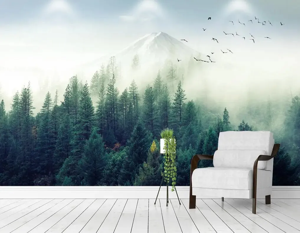 Misty Forest Landscape Wall Mural Big Format Printed Nordic Wallcovering Wallpaper For Modern Living Room Creative Home Office Wall Decor