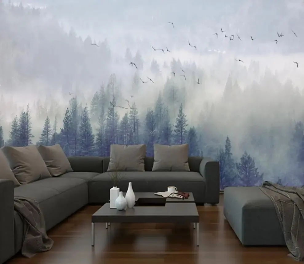 Misty Forest Landscape Wall Mural Big Format Printed Nordic Wallcovering Wallpaper For Modern Living Room Creative Home Office Wall Decor