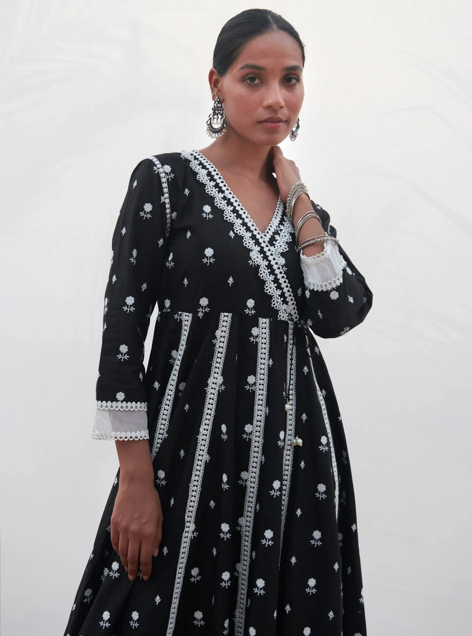 Mulmul Cotton Arambol Anarkali Black Kurta With Mulmul Cotton Arambol Black Pant