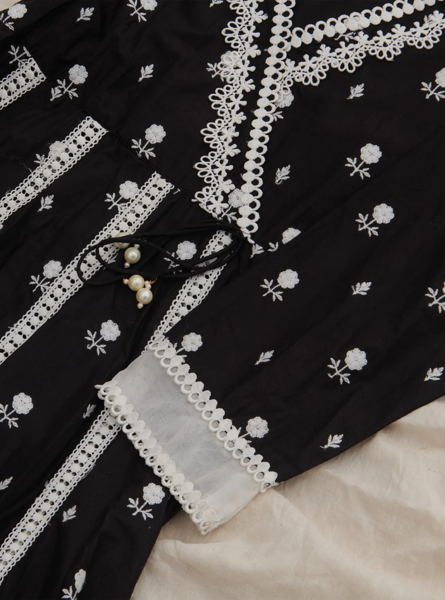 Mulmul Cotton Arambol Anarkali Black Kurta With Mulmul Cotton Arambol Black Pant