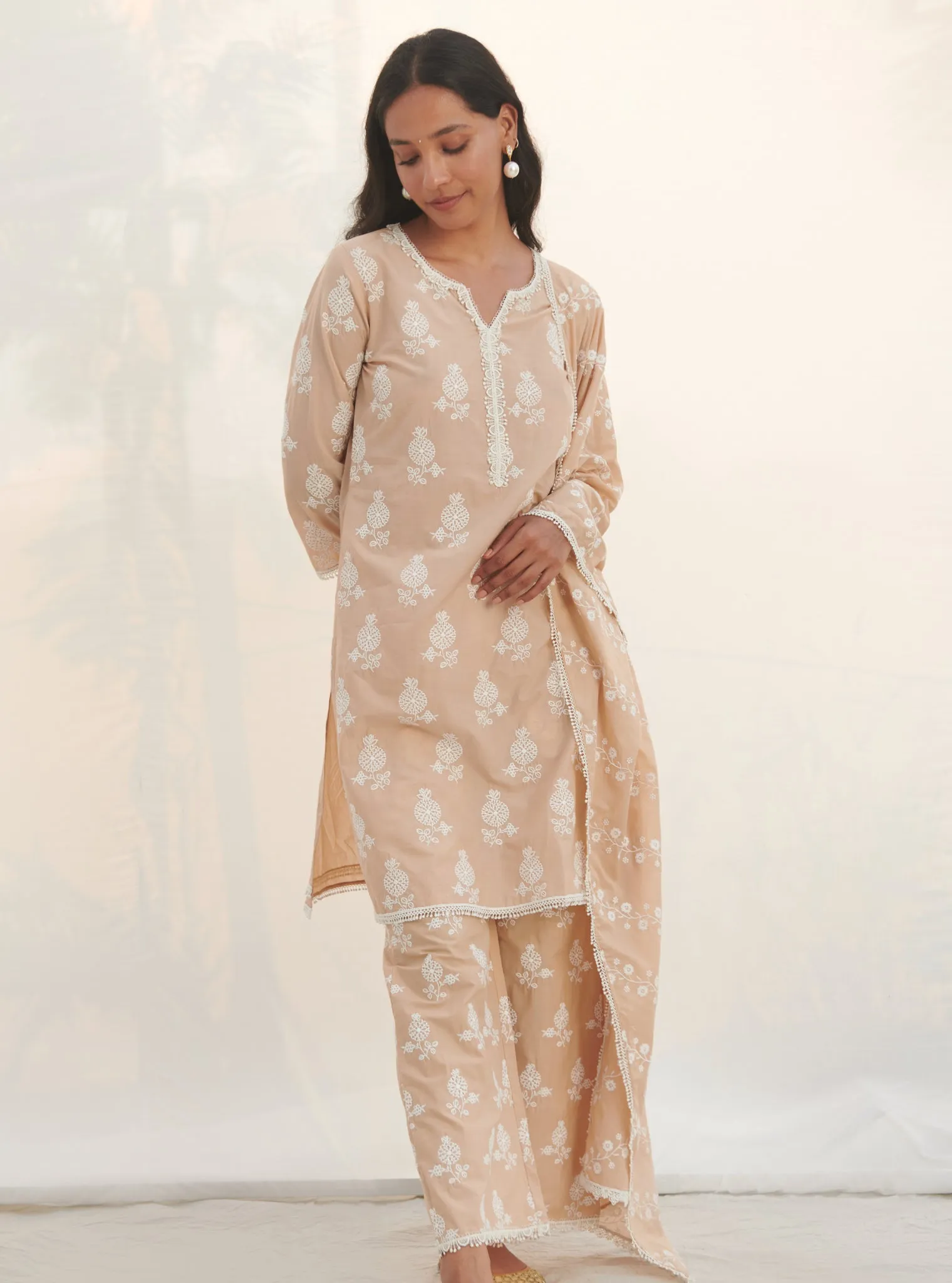 Mulmul Cotton Kelil Beige Kurta With Mulmul Cotton Kelil beige Pant