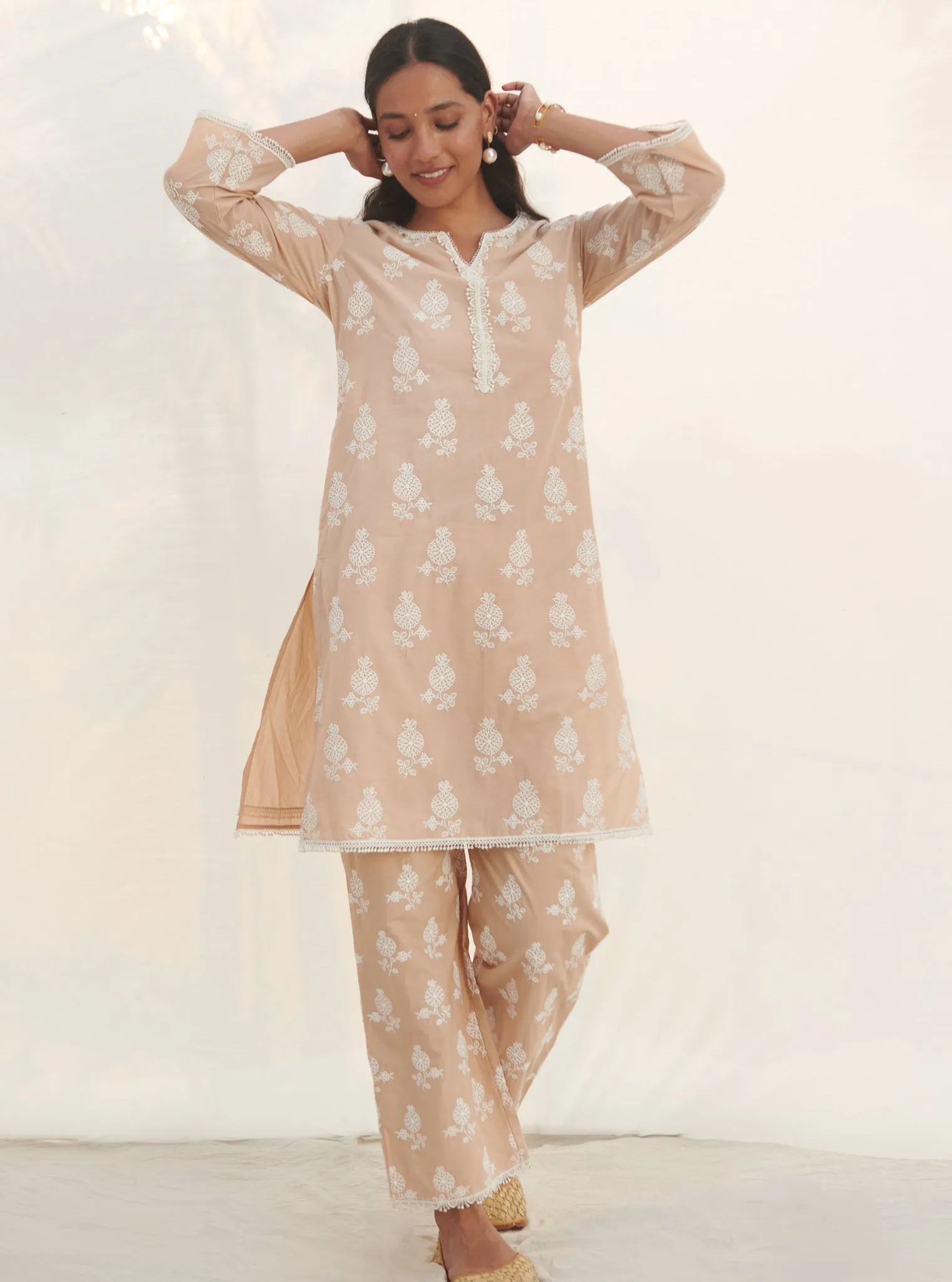 Mulmul Cotton Kelil Beige Kurta With Mulmul Cotton Kelil beige Pant