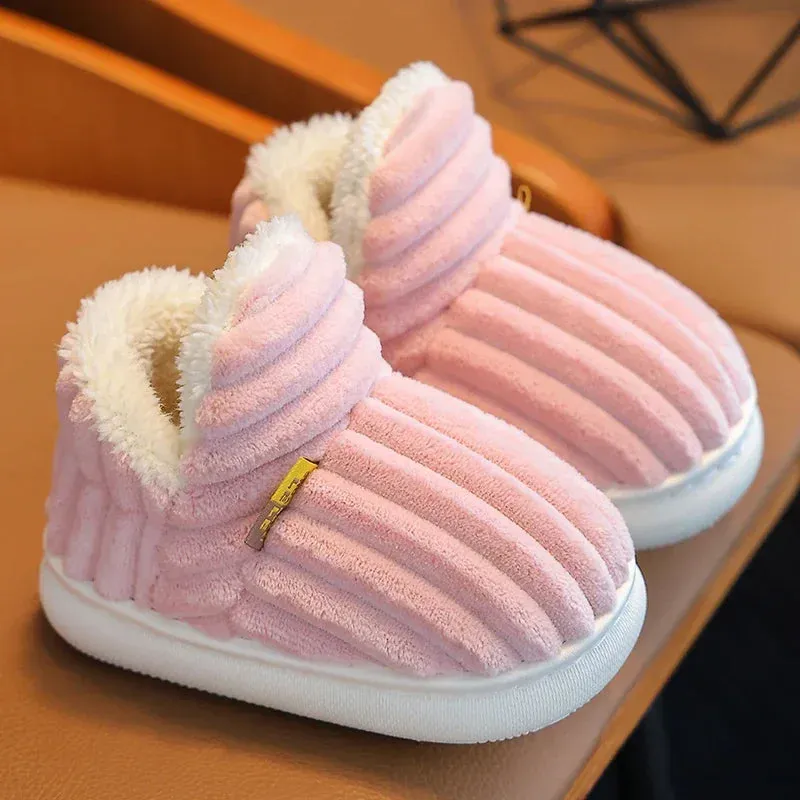 New Winter Concise Stripe Plush Slippers Children's Non-slip Soft Sole Kids Boys Girls Heel Wrap Warm High Home Cotton Shoes