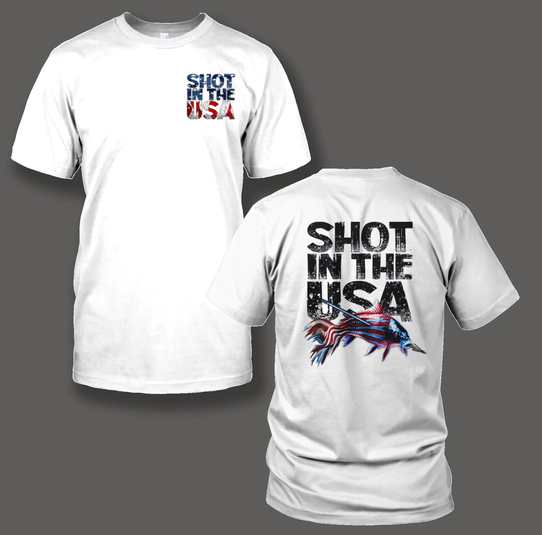 "Shot In the USA" design printed on White or Black T-shirts.