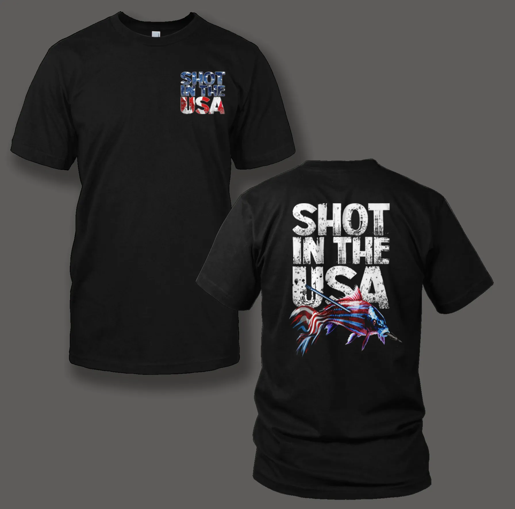 "Shot In the USA" design printed on White or Black T-shirts.