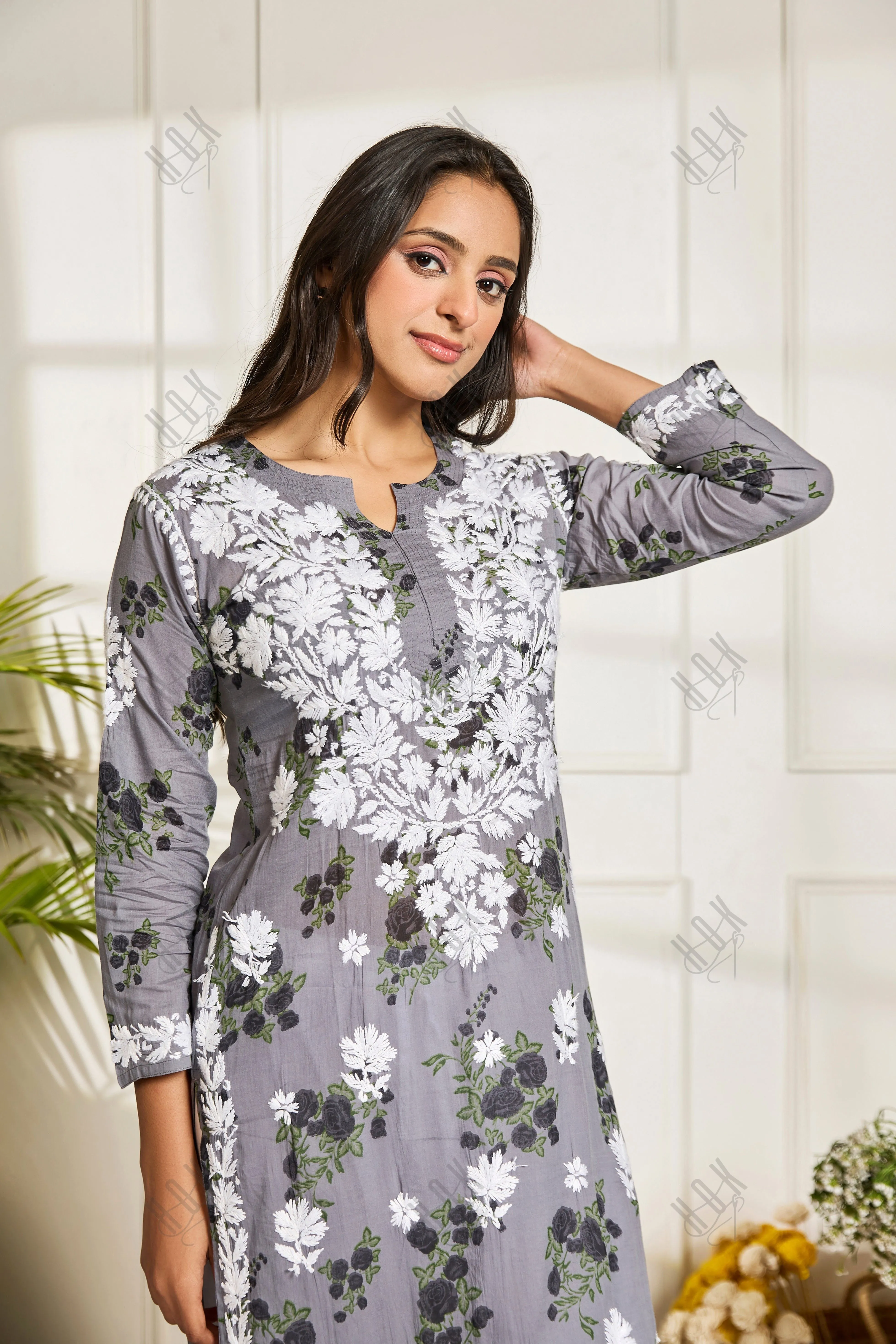 Saba Chikankari Kurta in Mul cotton in Grey print