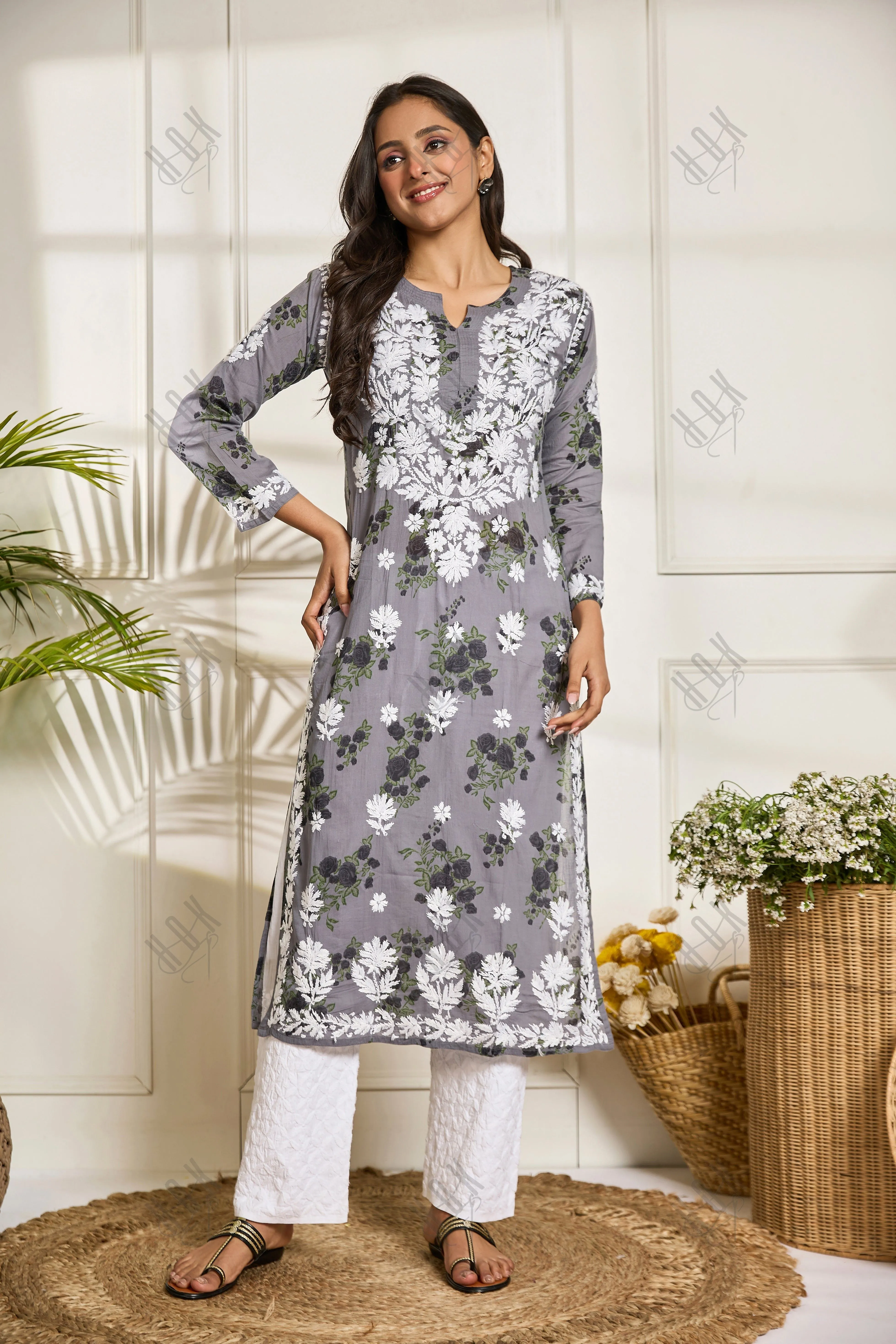 Saba Chikankari Kurta in Mul cotton in Grey print