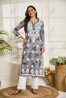 Saba Chikankari Kurta in Mul cotton in Grey print