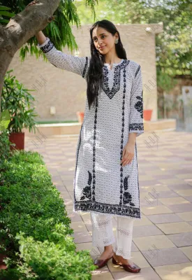 Saba Chikankari Kurta in Mul cotton in White With Black