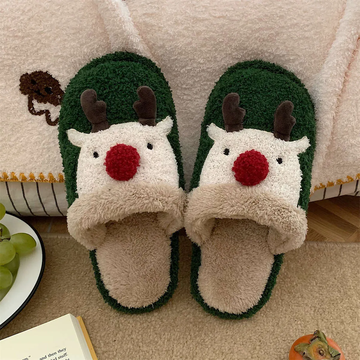 Toleet Black Friday Cyber Monday Christmas Women's Winter Cute Christmas Elk Cotton Slippers Warm Plush Cotton Shoes