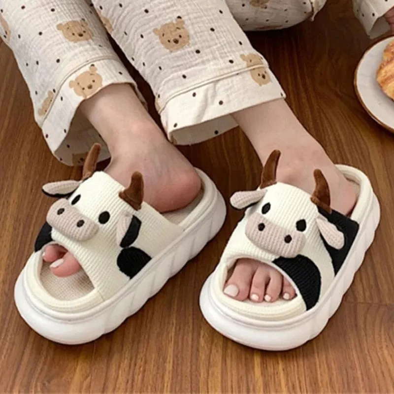 Toleet Linen Cows Women's Slippers Indoor Home Sandals Slippers for Women Cute Cartoon Milk Cow House Women Slippers Funny Shoes