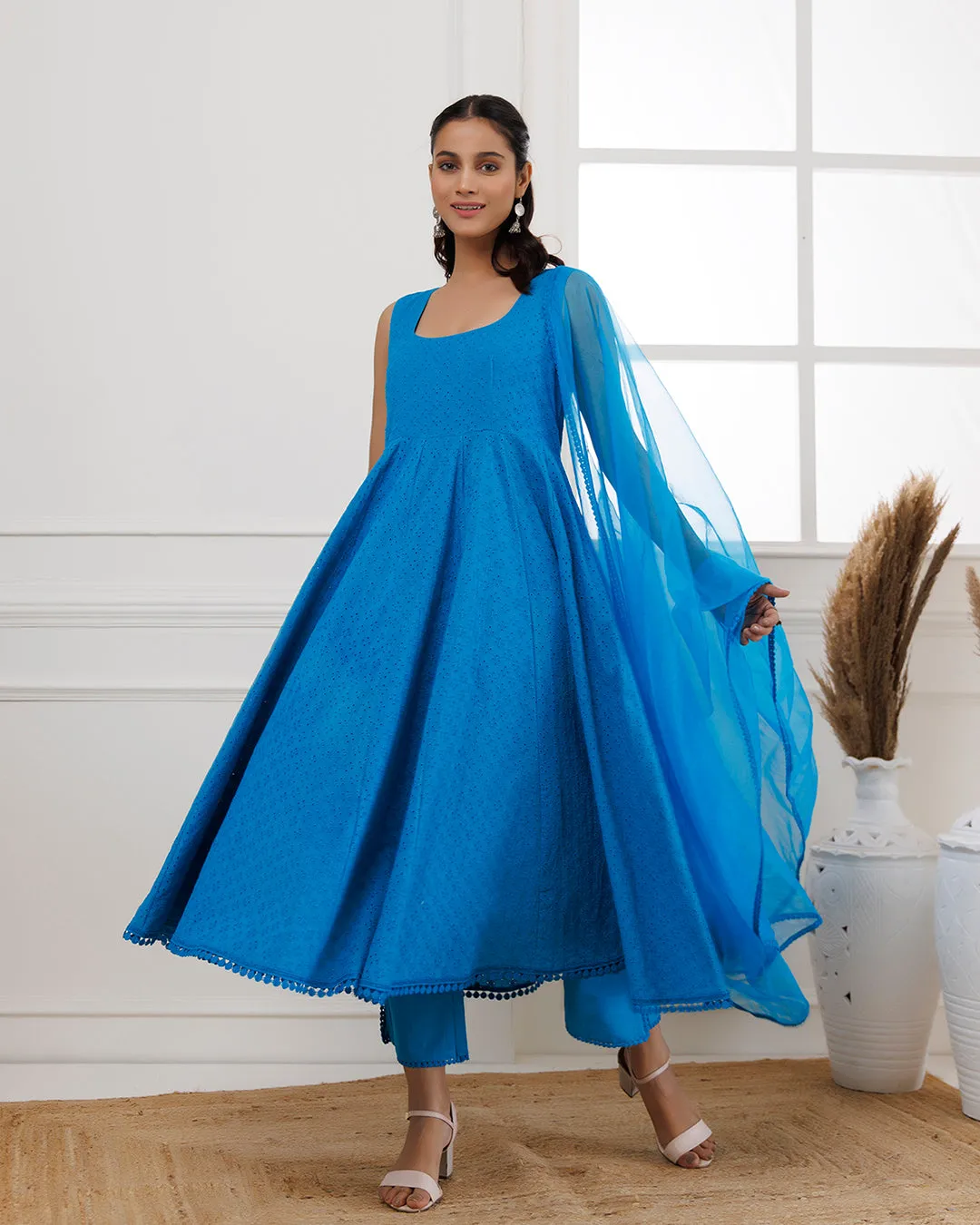 Turquoise Schiffili Anarkali Suit Set