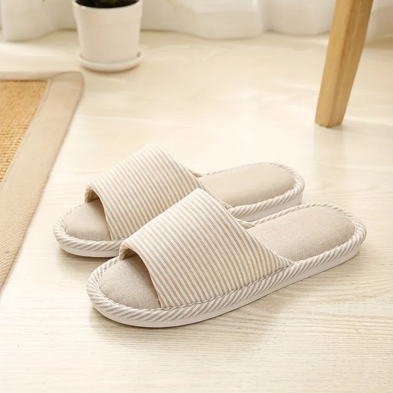 Ultra-Comfortable Striped Linen Slippers - Open Toe, Cloud Sole, Featherweight & Ventilated - Perfect for Indoor Lounging, Ideal Home Shoes