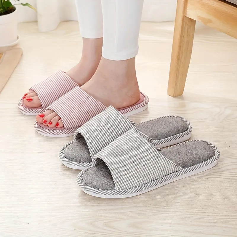 Ultra-Comfortable Striped Linen Slippers - Open Toe, Cloud Sole, Featherweight & Ventilated - Perfect for Indoor Lounging, Ideal Home Shoes