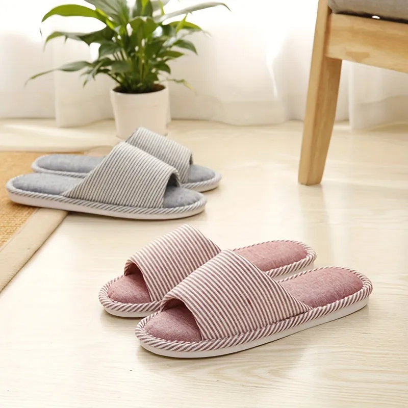 Ultra-Comfortable Striped Linen Slippers - Open Toe, Cloud Sole, Featherweight & Ventilated - Perfect for Indoor Lounging, Ideal Home Shoes