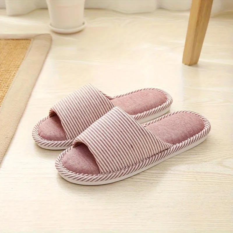 Ultra-Comfortable Striped Linen Slippers - Open Toe, Cloud Sole, Featherweight & Ventilated - Perfect for Indoor Lounging, Ideal Home Shoes