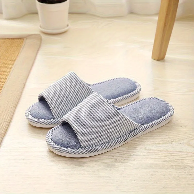 Ultra-Comfortable Striped Linen Slippers - Open Toe, Cloud Sole, Featherweight & Ventilated - Perfect for Indoor Lounging, Ideal Home Shoes