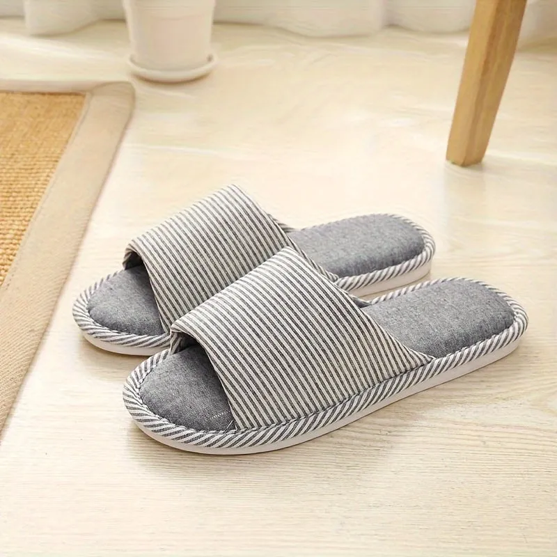 Ultra-Comfortable Striped Linen Slippers - Open Toe, Cloud Sole, Featherweight & Ventilated - Perfect for Indoor Lounging, Ideal Home Shoes