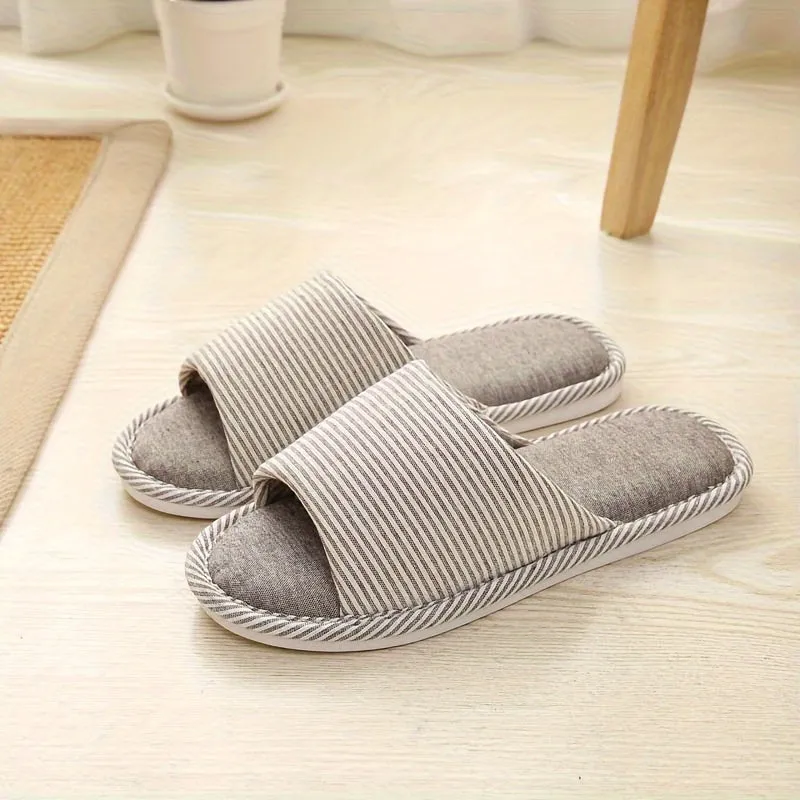 Ultra-Comfortable Striped Linen Slippers - Open Toe, Cloud Sole, Featherweight & Ventilated - Perfect for Indoor Lounging, Ideal Home Shoes