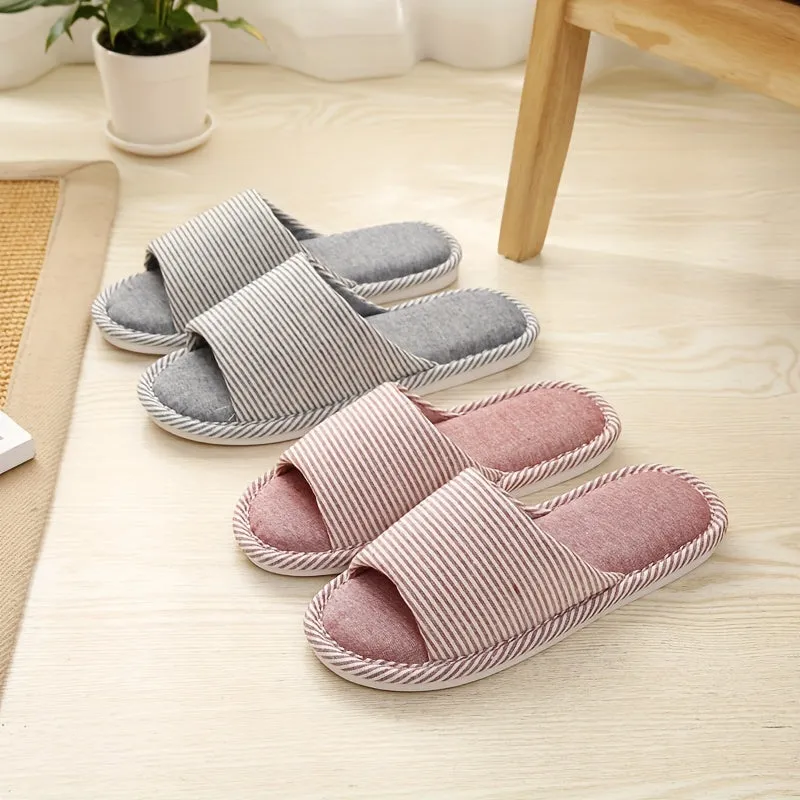 Ultra-Comfortable Striped Linen Slippers - Open Toe, Cloud Sole, Featherweight & Ventilated - Perfect for Indoor Lounging, Ideal Home Shoes